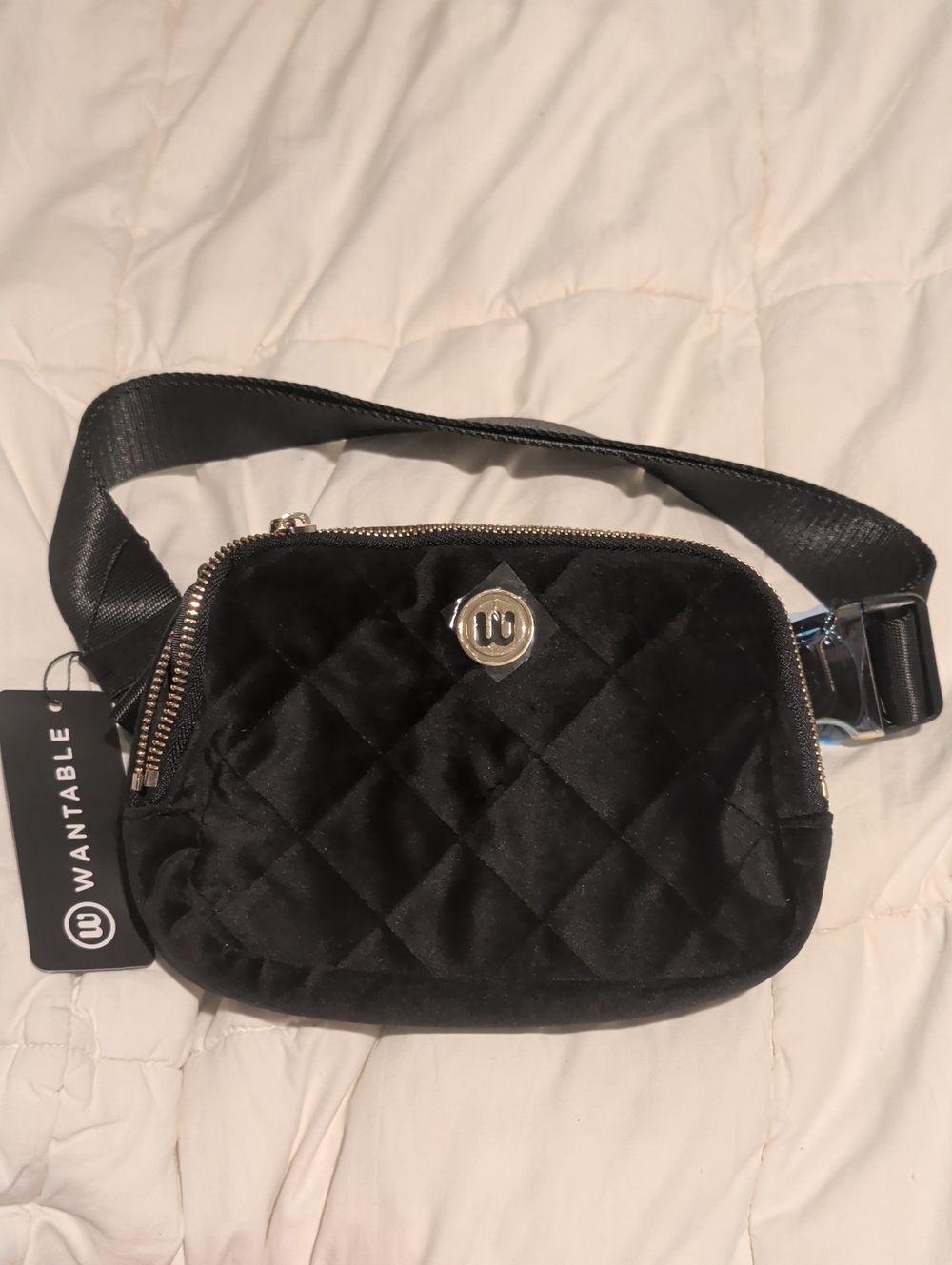 Wantable Quilted Black Velvet Crossbody Belt Bag - New Unused